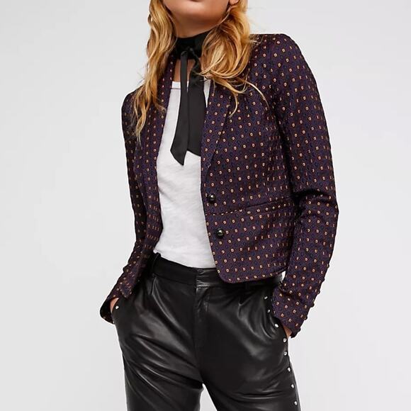 Free People Shrunken Jacquard Jacket Blazer Navy Maroon Geometric SMALL - Picture 1 of 11